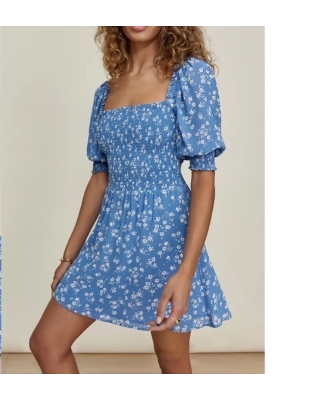 Reformation Blue Floral Puff-Sleeve Smocked Mini Dress